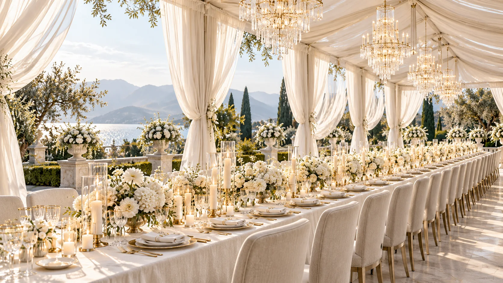 Table de mariage en plein air sous chapiteau