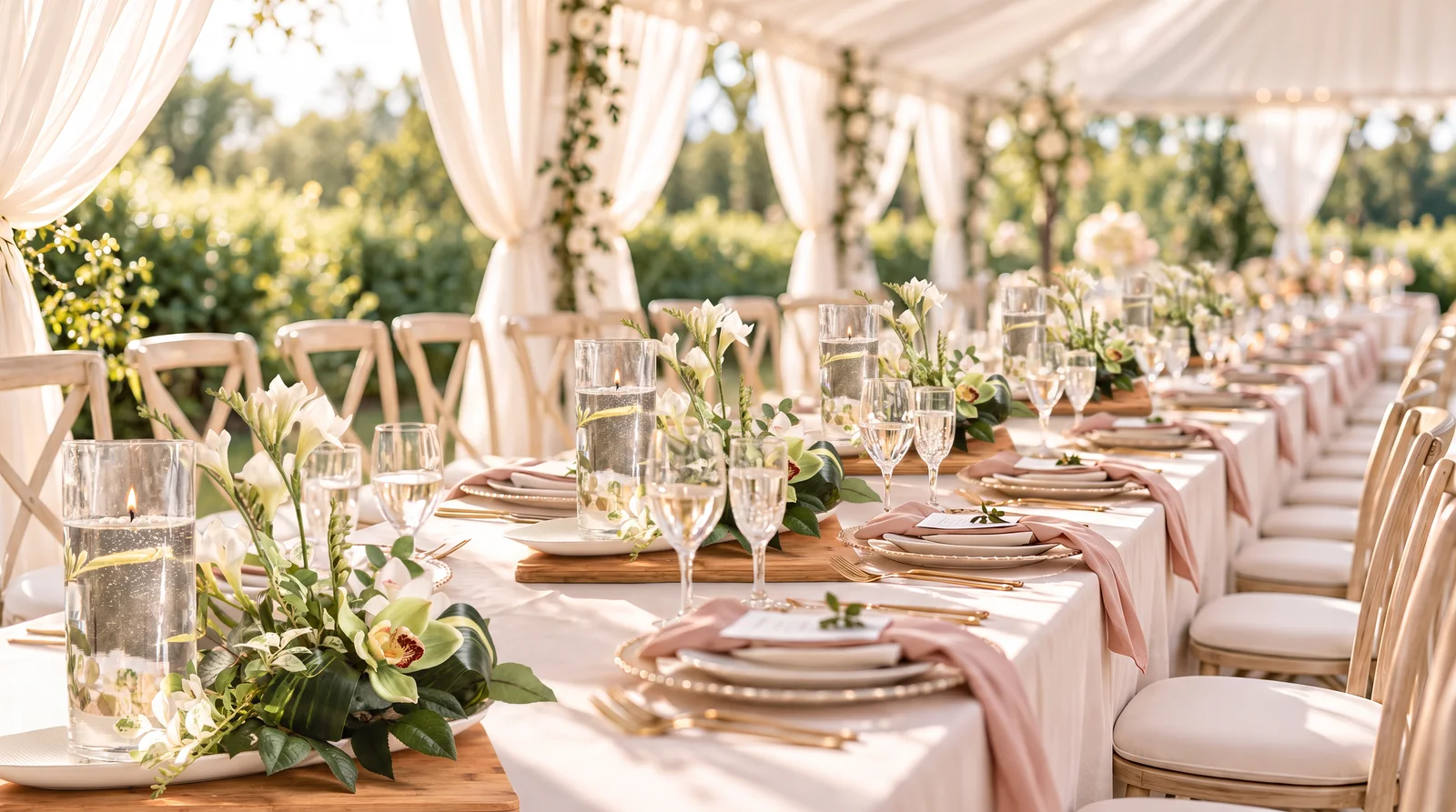 Table dressée sous chapiteau en jardin, centres de table AquaLux