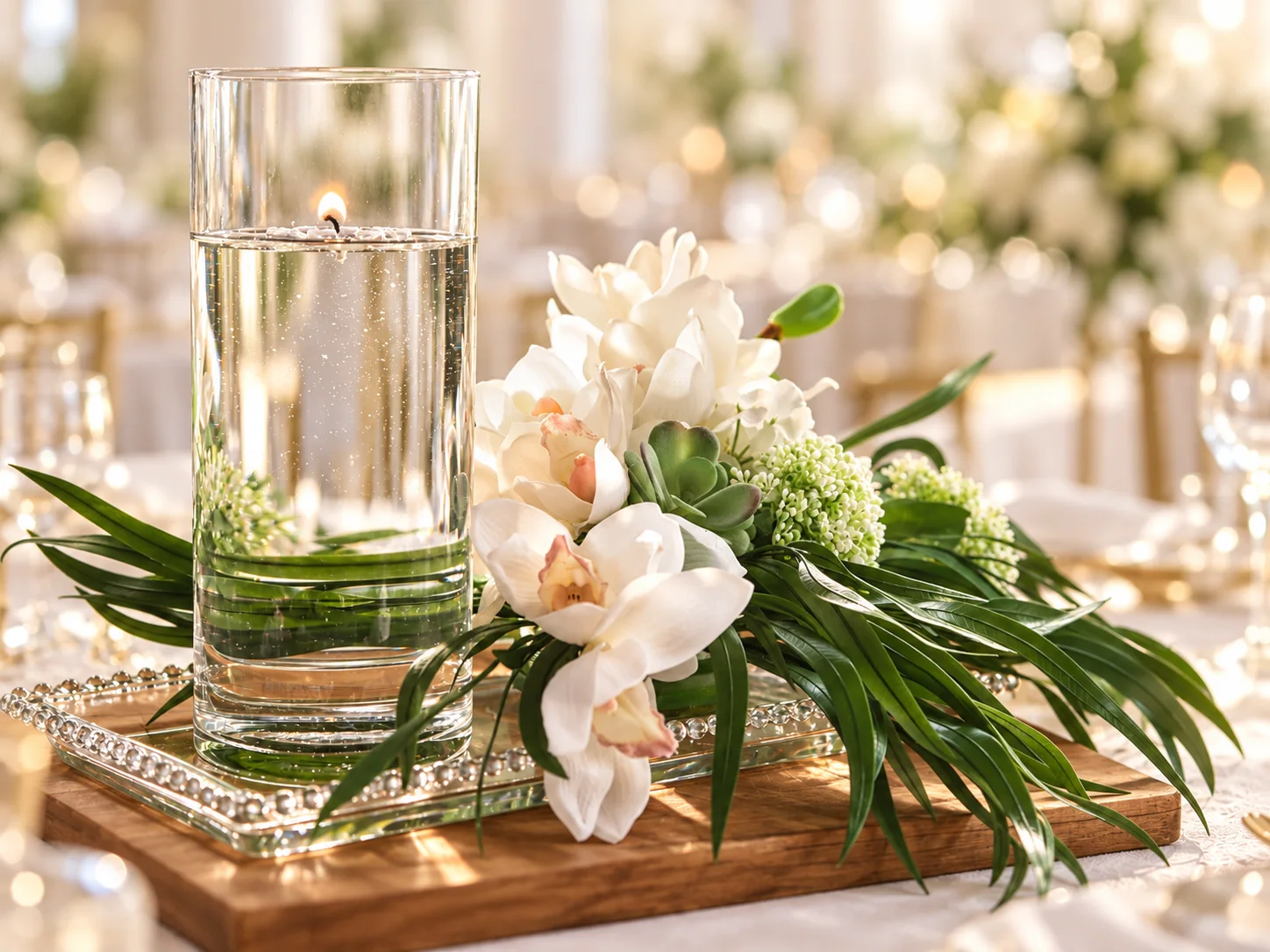 Centre de table AquaLux, vase cylindrique et orchidées blanches