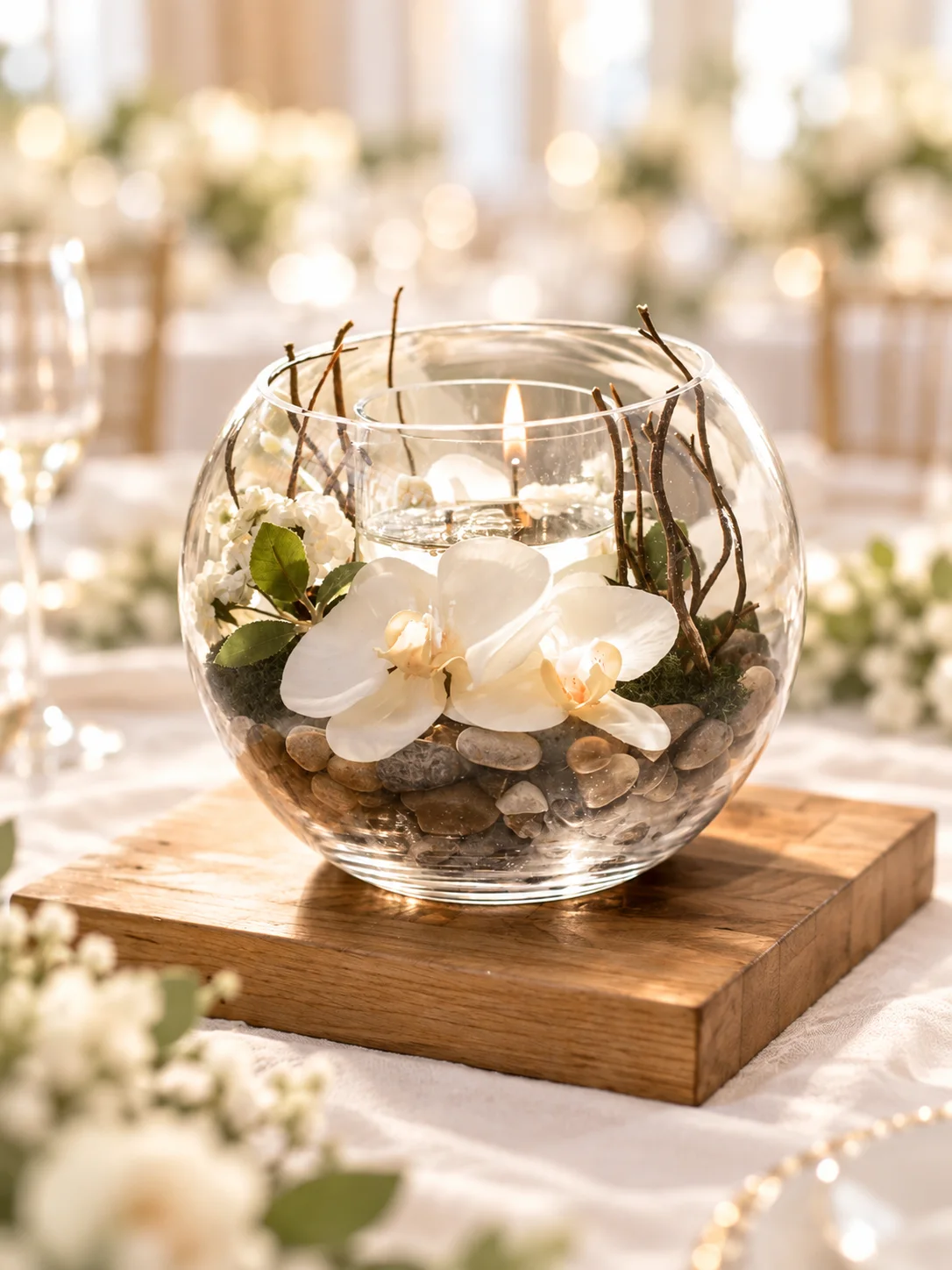Collection Signature : vase boule, orchidées et galets
